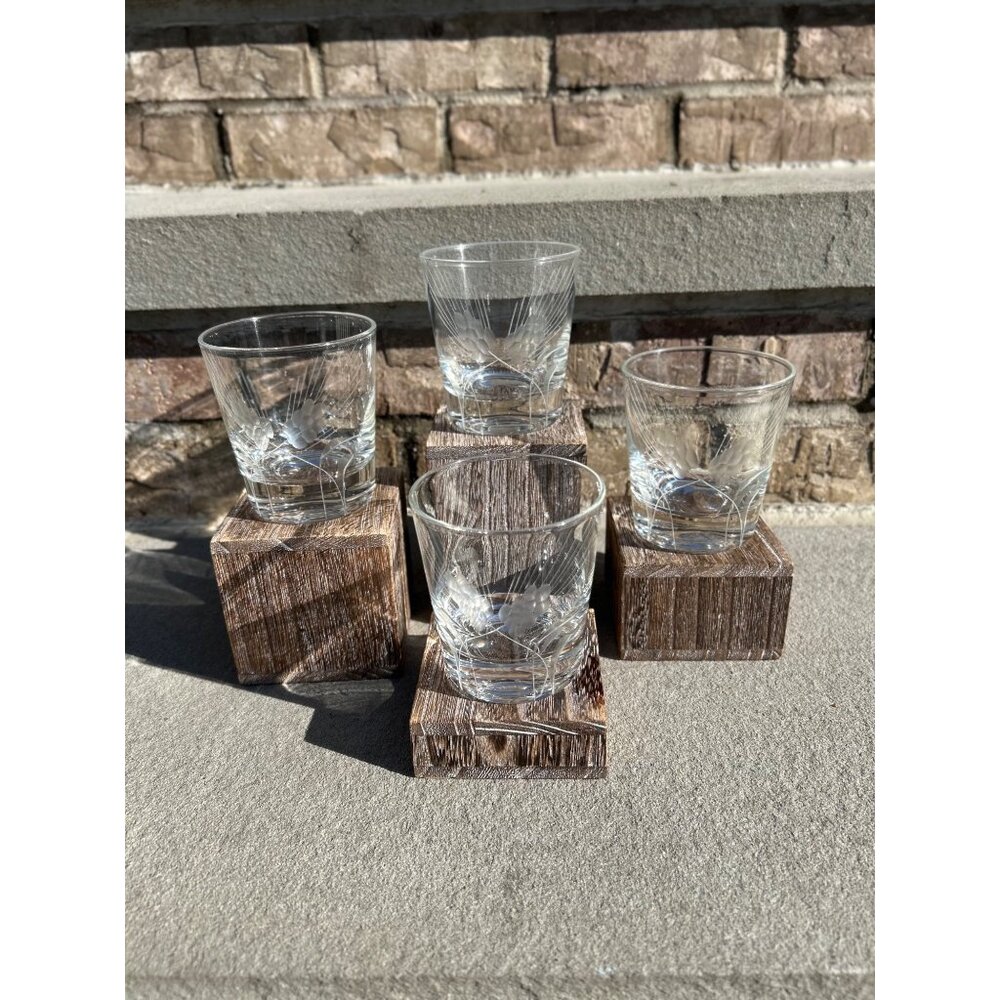 Vintage Noritake Sasaki Etched Wheat Patterned Lowball Rocks Glasses.